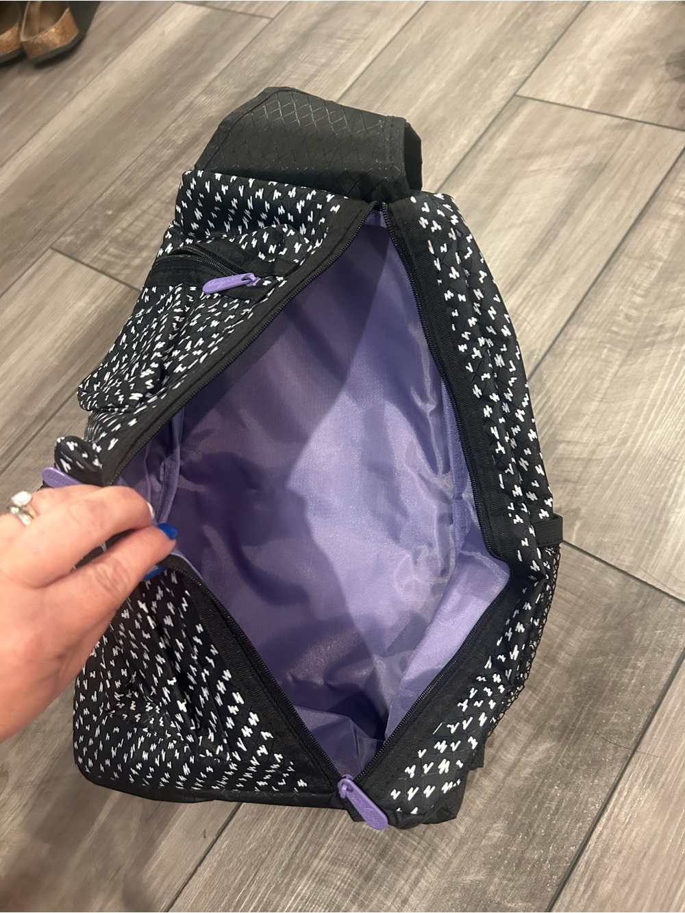 thirty-one Black Patterned Sling Bag with Purple Zippers - Picture 2 of 3